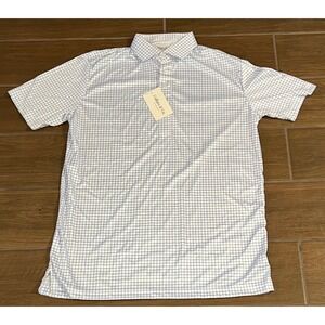 Collars & Co Mens Dress Collar Polo Small Relaxed White Blue Grid Check NWT